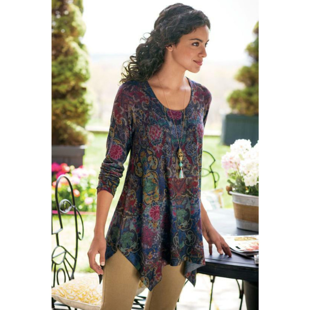 Soft Surroundings XS Paisley Blast Scoop Neck Sweater‎ Tunic High Low Hem Top